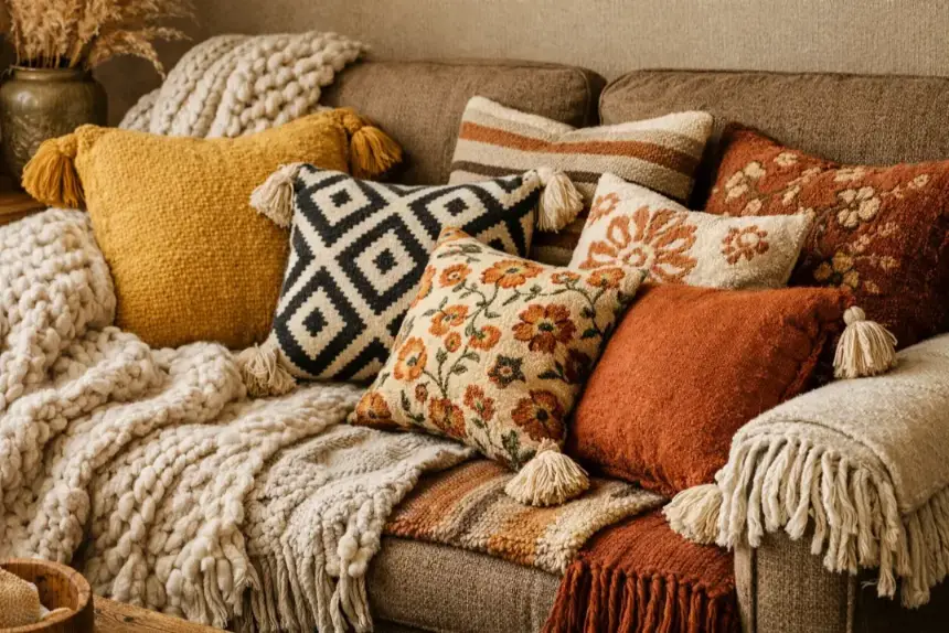 Layer Textiles and Throw Pillows Generously