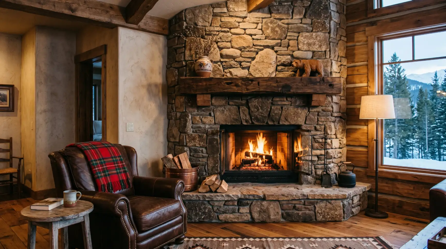 Rustic Stone Corner Fireplace