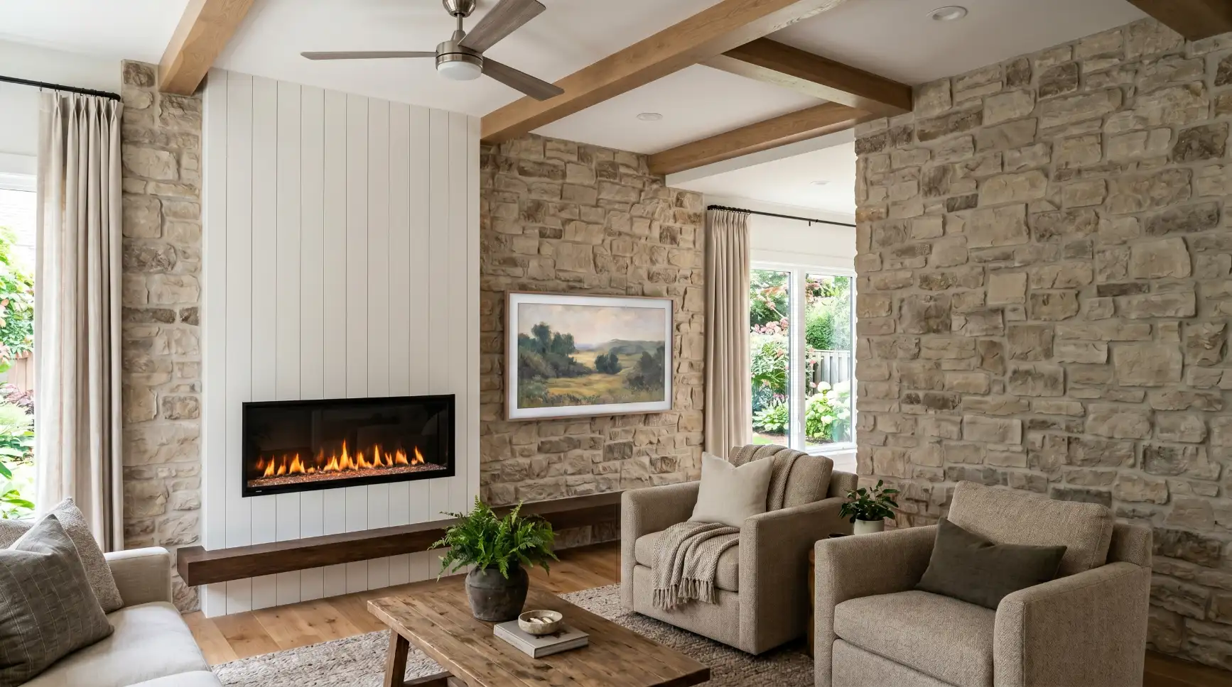 Stone Veneer Corner Fireplace