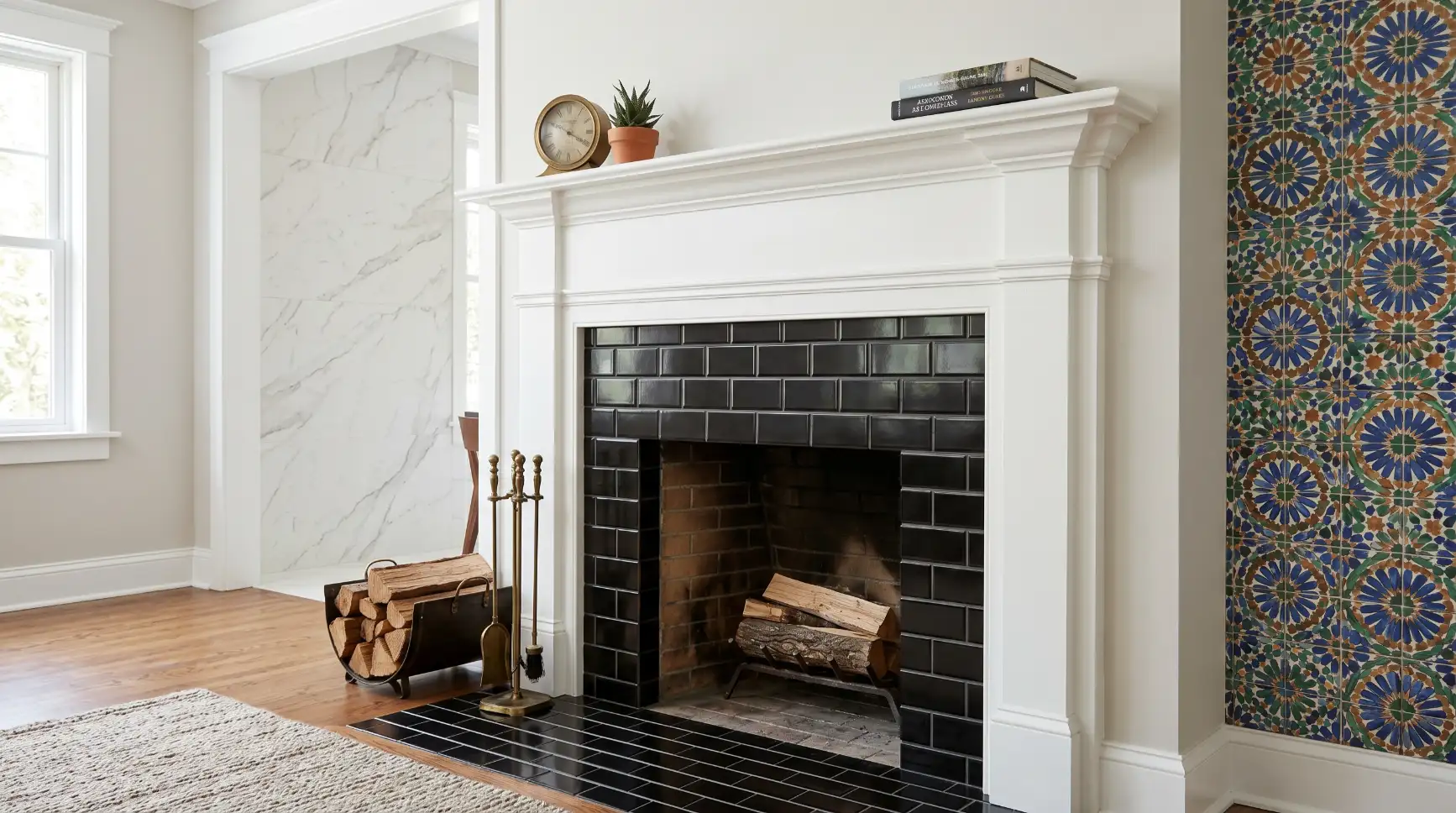 Corner Fireplace with Built-In Bookshelves