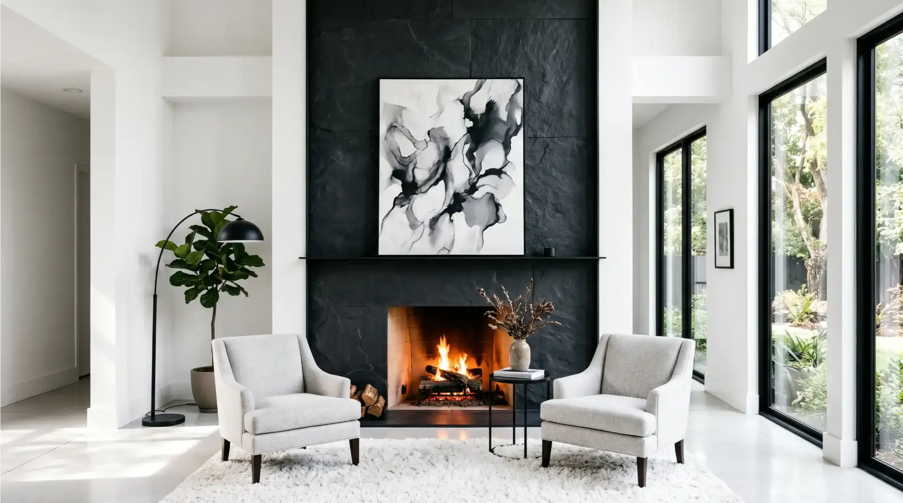 The Stone Fireplace with Integrated Mirror Above the Mantel