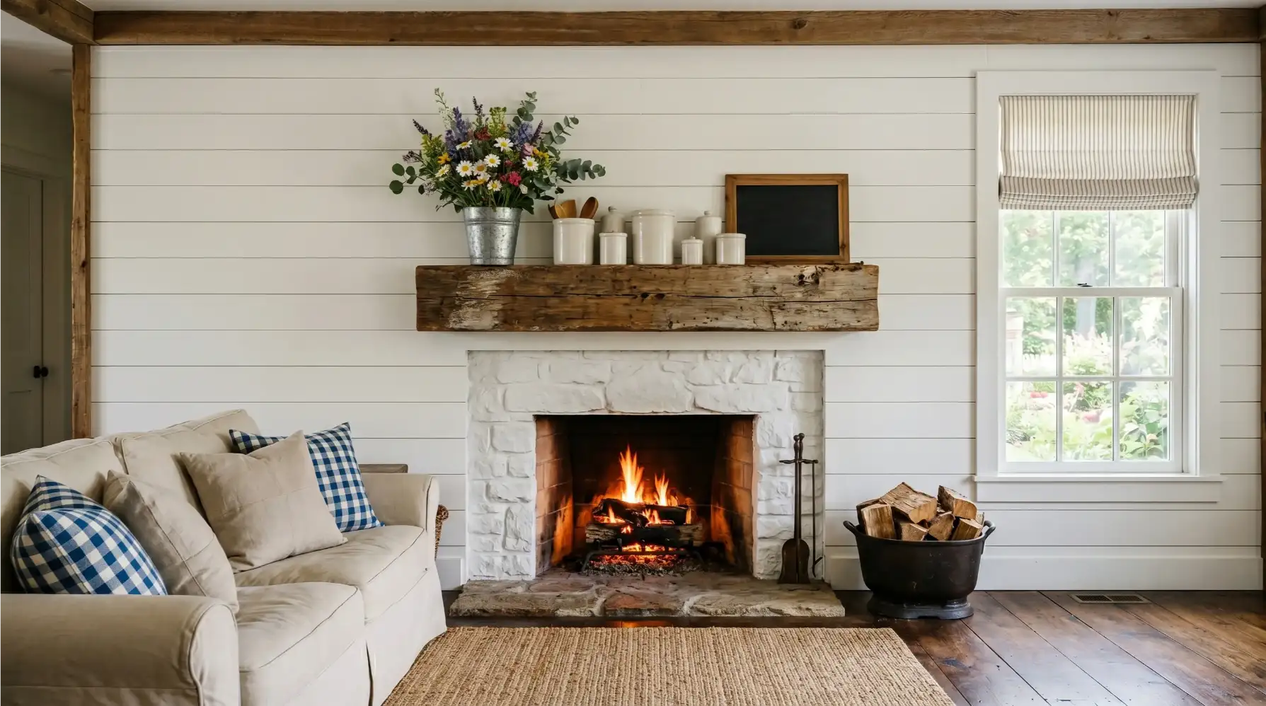 The Stone Fireplace with Built In Timber Shelving