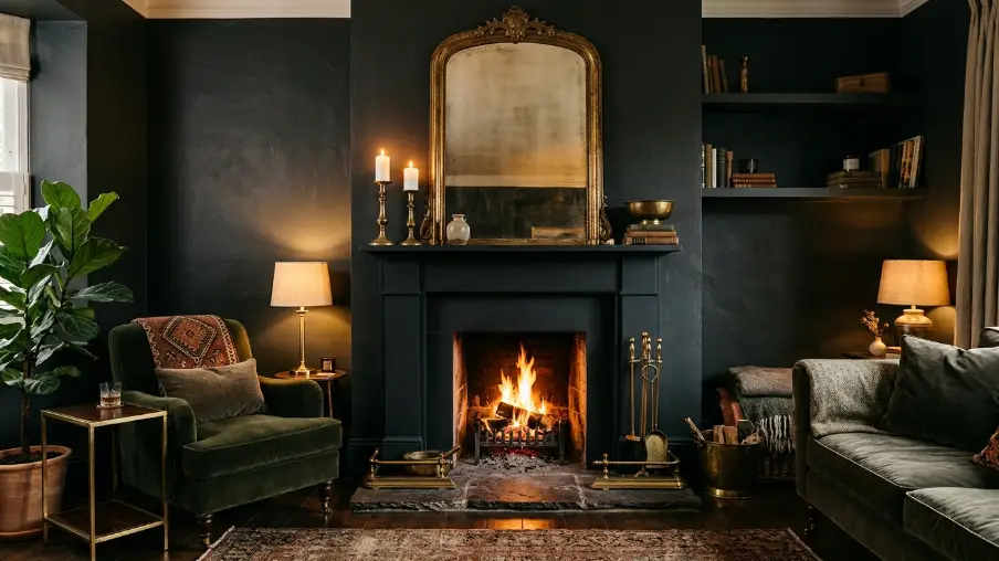 Black Fireplace with Brass Accents