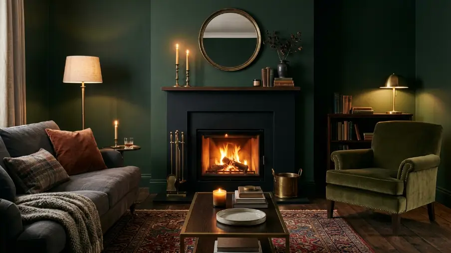 Black Fireplace with Green Walls