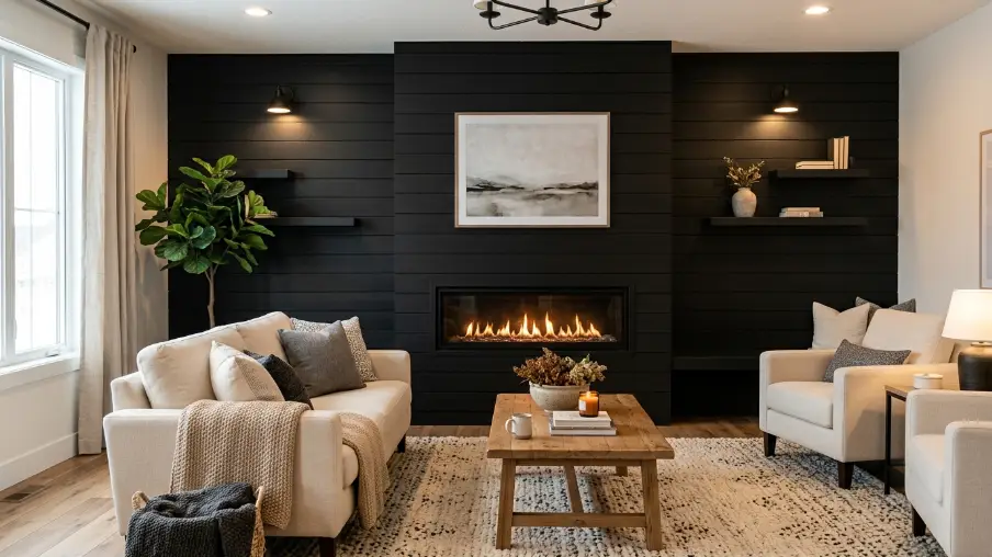 Black Shiplap Accent Wall with Fireplace