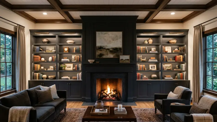 Black Fireplace with Symmetrical Built Ins