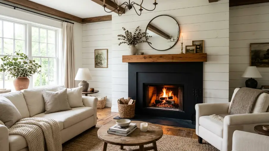 Black Fireplace with White Shiplap Walls