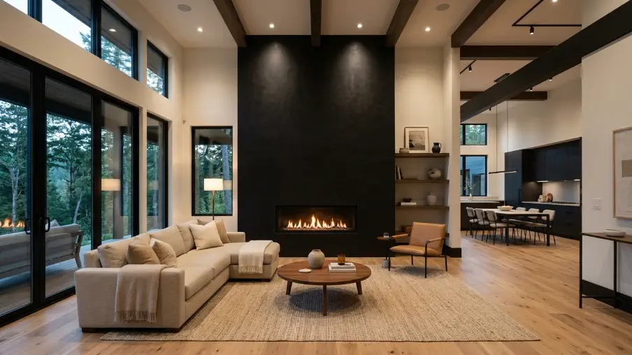 Floor to Ceiling Black Fireplace Wall