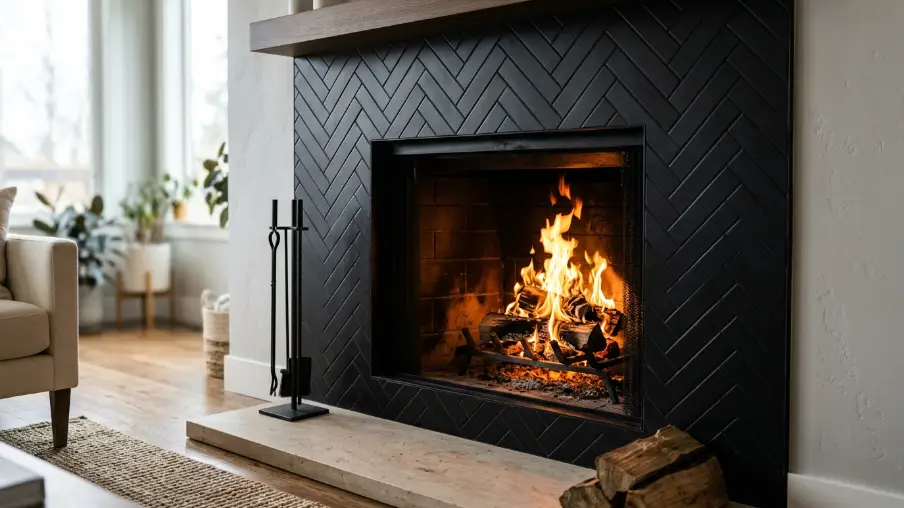 Black Tile Fireplace with Herringbone Detail