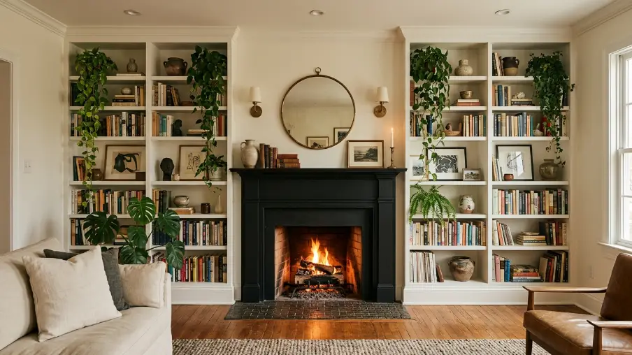 Matte Black Mantel with Built In Shelving