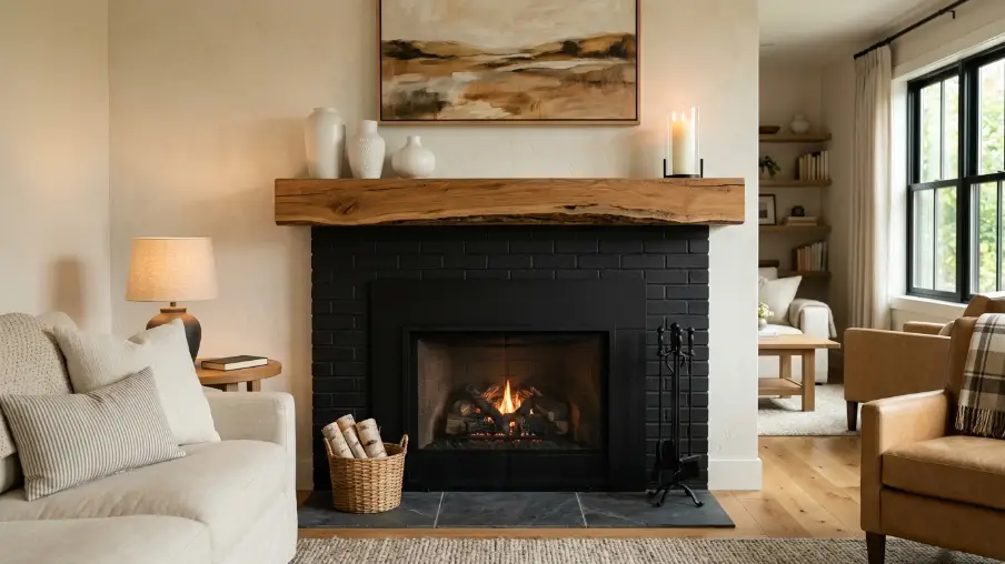 Black Fireplace with a Natural Wood Mantel