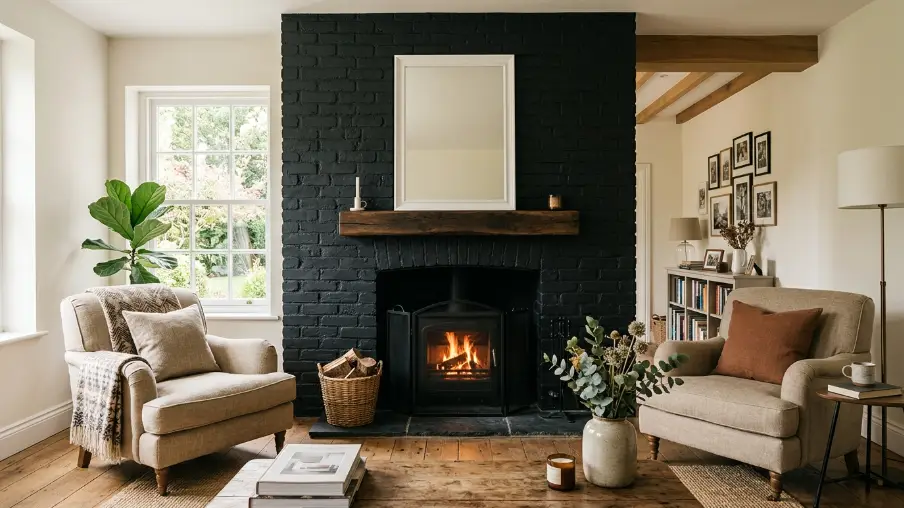 Black Painted Brick Fireplace