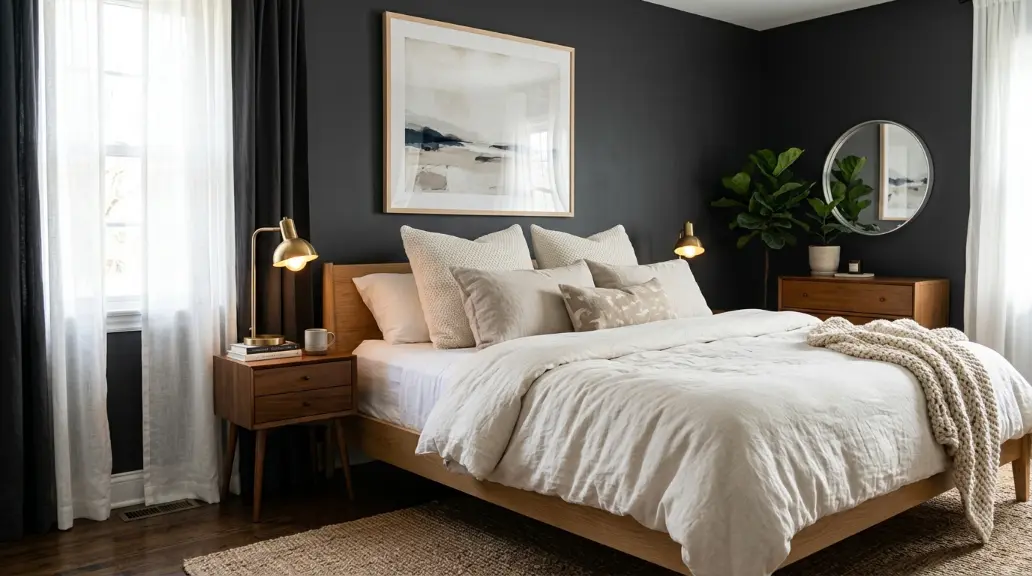 Create Contrast with Light Bedding Against Dark Walls