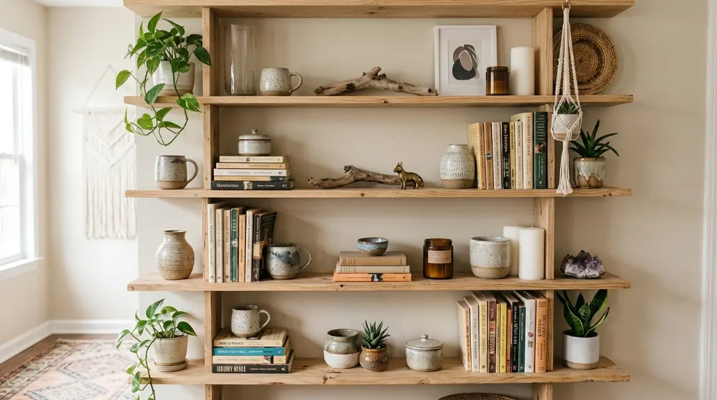 Style Open Shelves with Intentional Clutter
