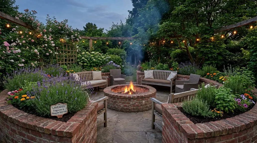 Brick Fire Pit with Built-In Planter Walls