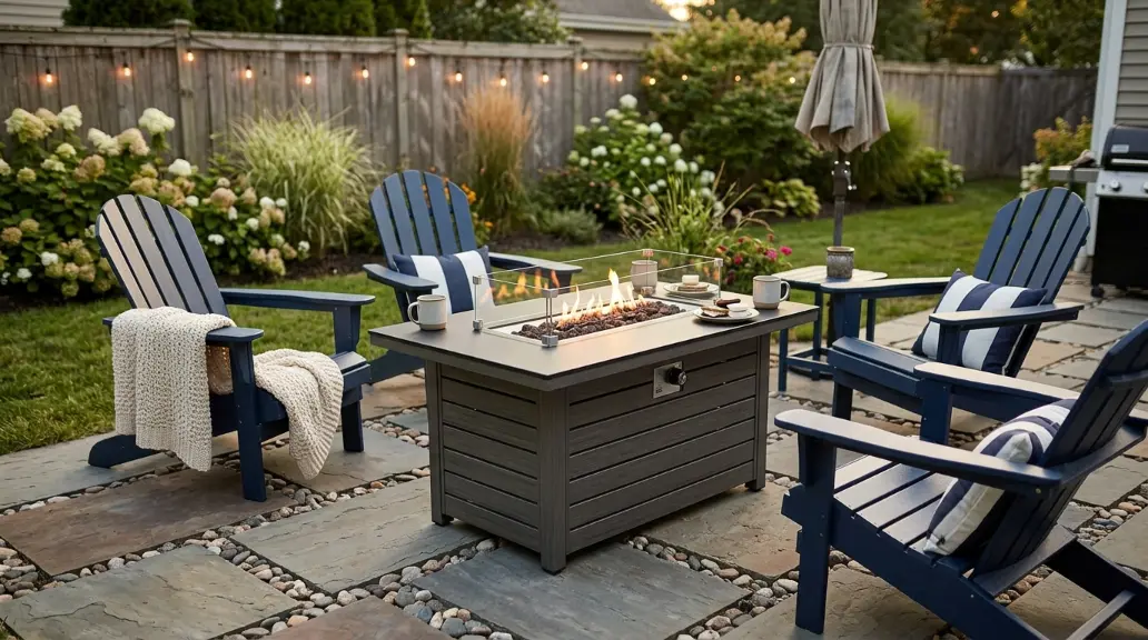 Fire Pit Table with Adirondack Chairs