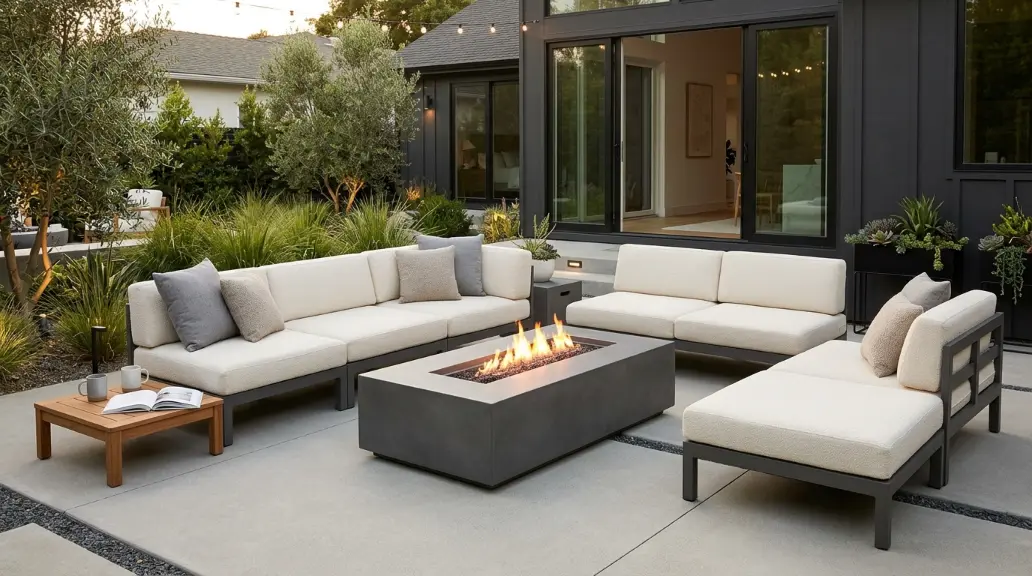 Modern Concrete Fire Pit with Lounge Furniture
