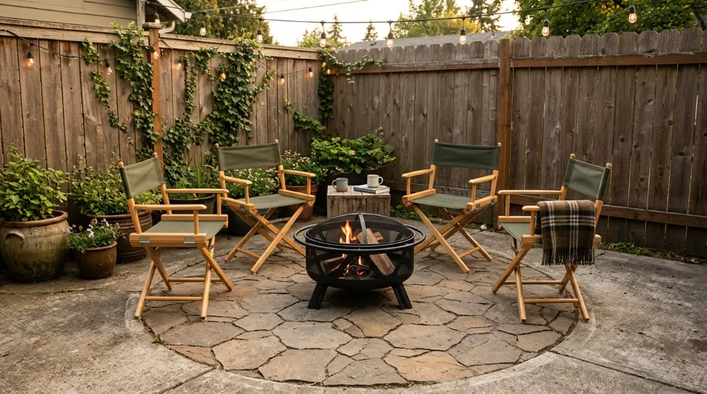 Small Backyard Fire Pit Design with Folding Chairs