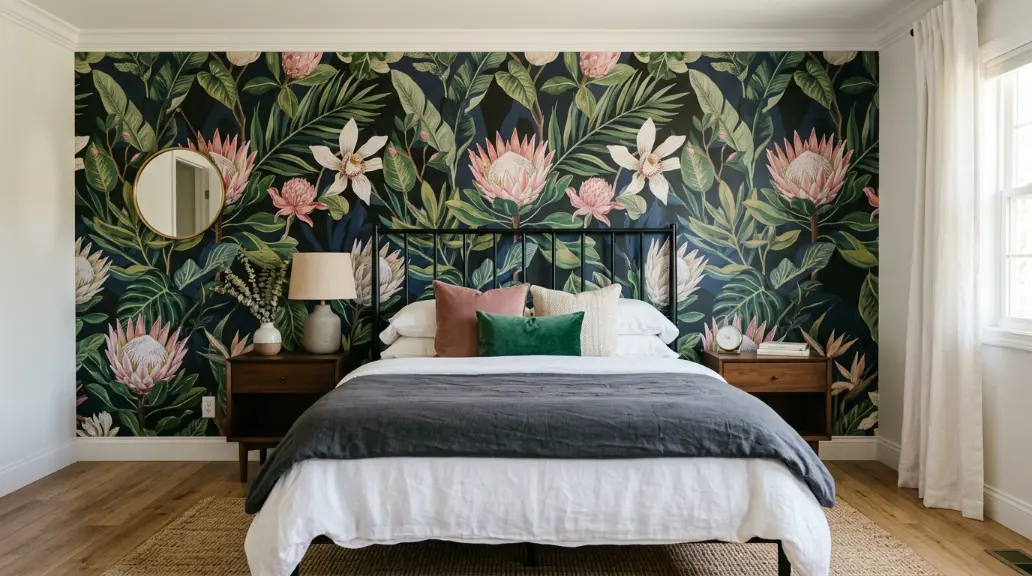 Black Headboard with Patterned Wallpaper