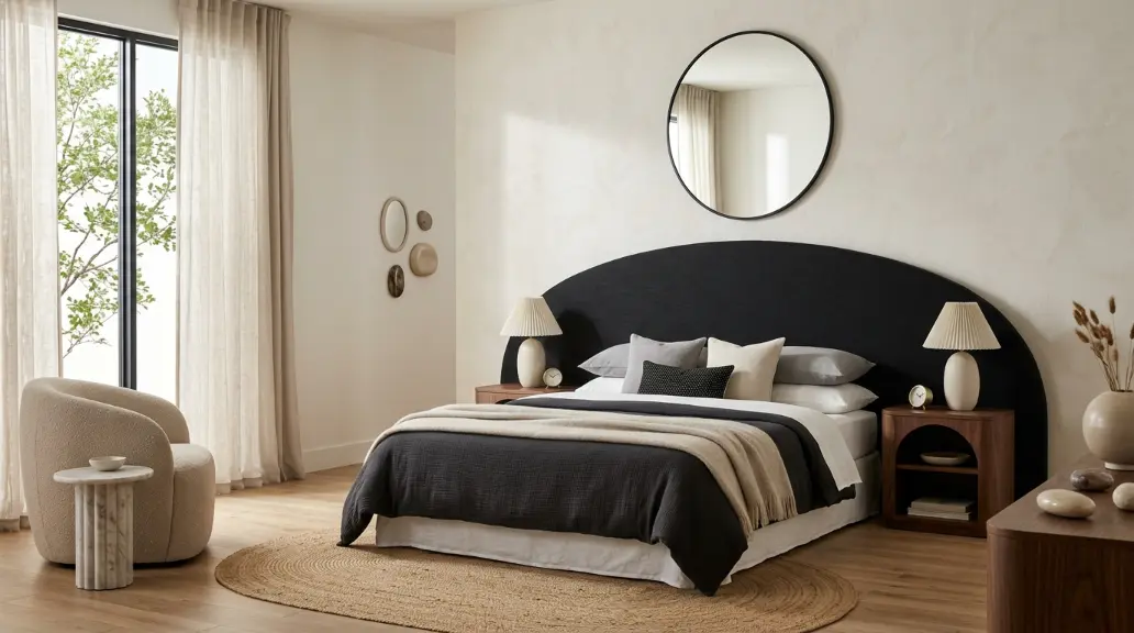 Chic Bedroom with Black Headboard and Arched Details