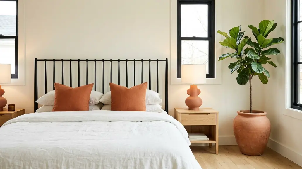 Black Headboard with Earthy Terracotta Accents