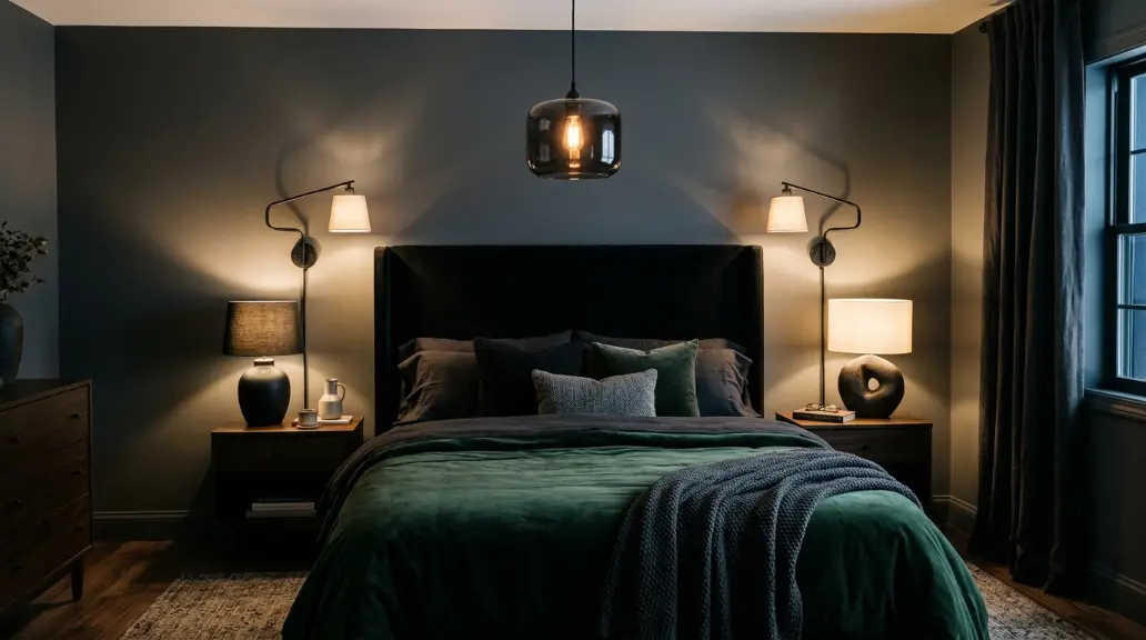 Moody Black Bedroom with Layered Lighting