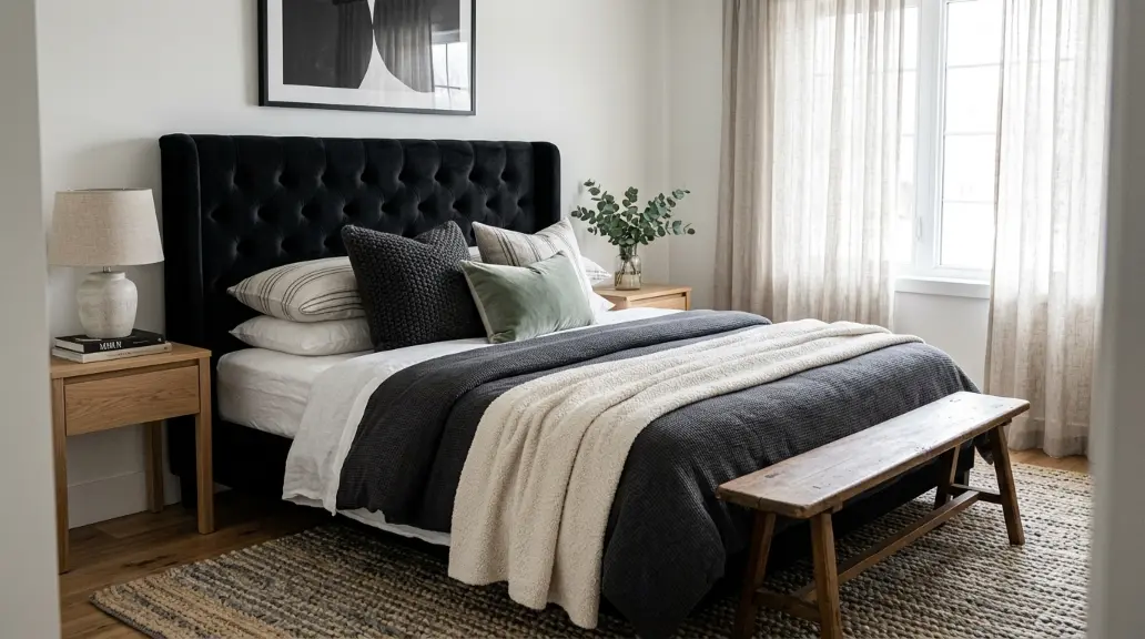 Black Upholstered Headboard with Soft Textures