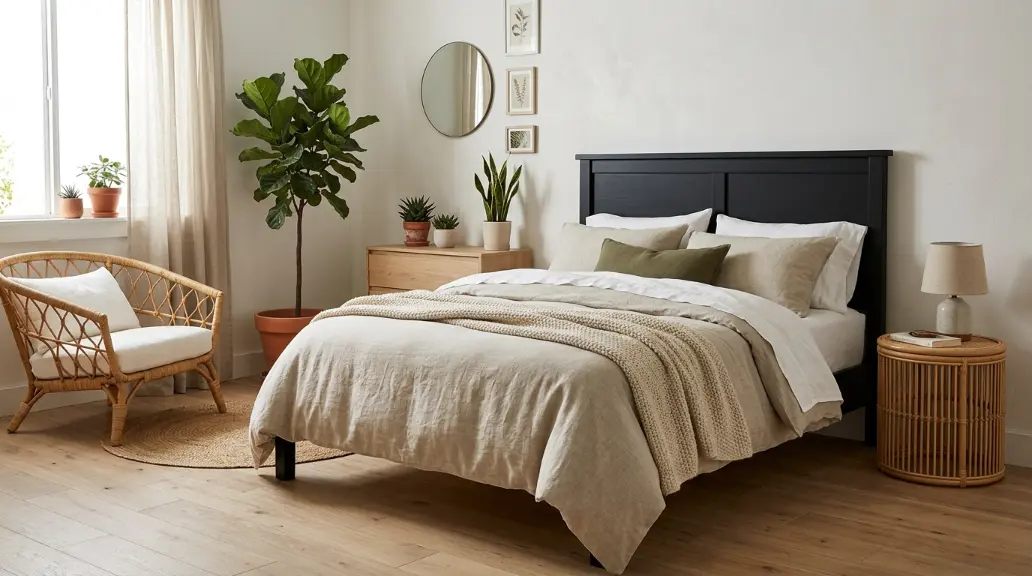 Black Wood Headboard with Natural Elements
