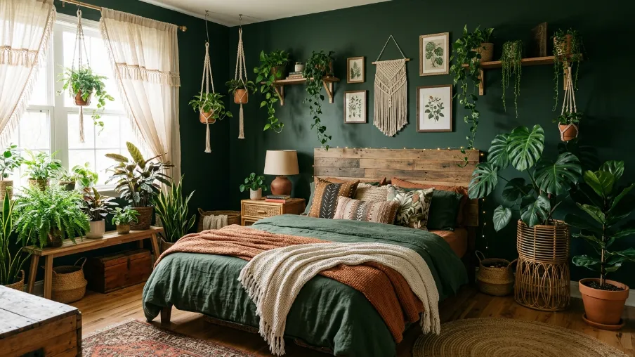 Add a Dark Green Boho Bedroom with Plant Life