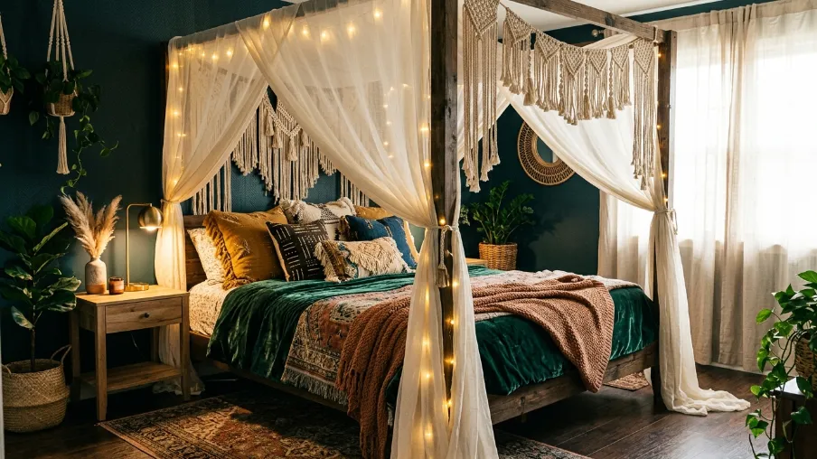 Create a Canopy Bed for a Dramatic Boho Effect