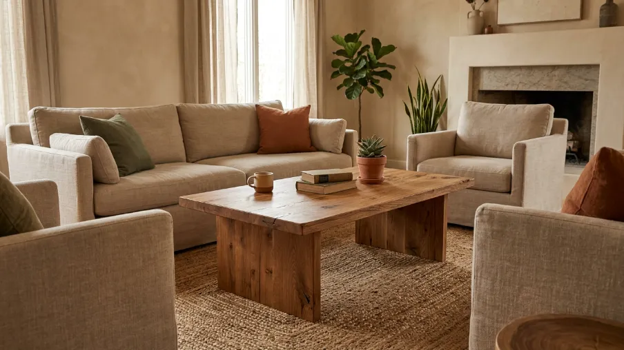 Add a Natural Wood Coffee Table as the Room's Focal Point