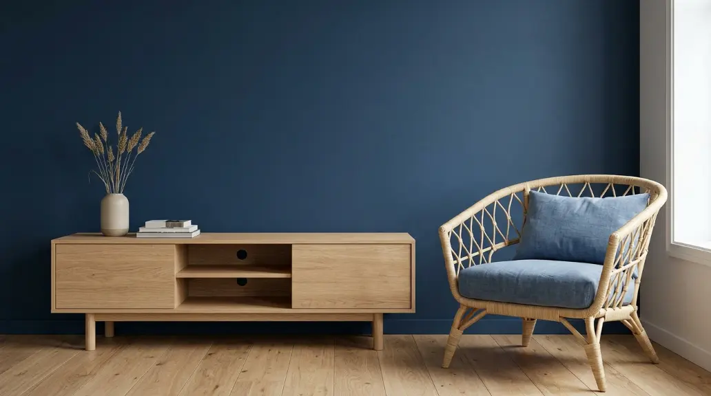 Blue Bedroom with Natural Wood Accents