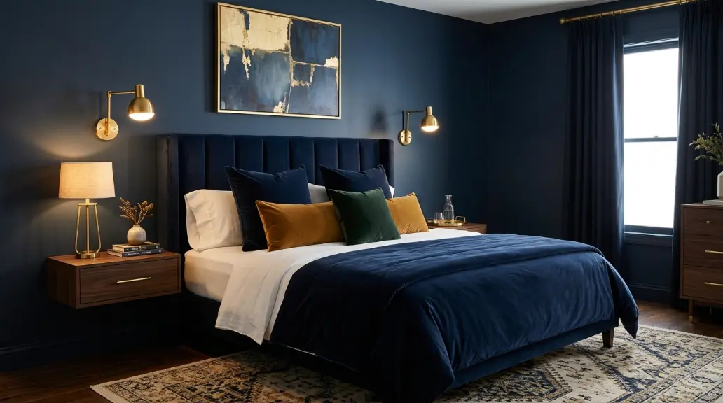 Navy Blue Bedroom with Velvet and Brass