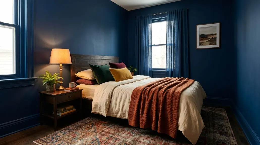 Moody Dark Blue Bedroom for Drama