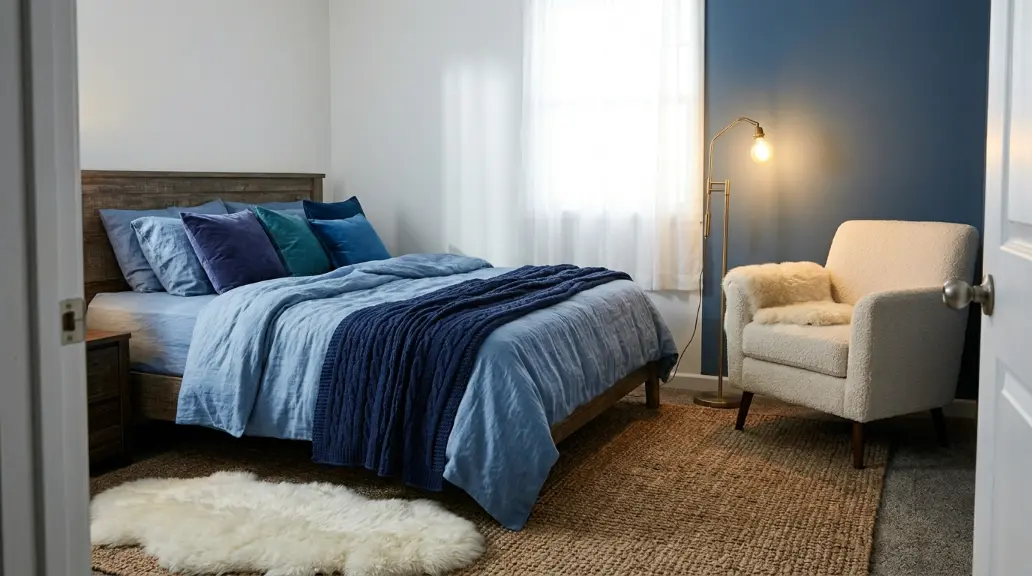 Cozy Blue Bedroom with Layered Textures