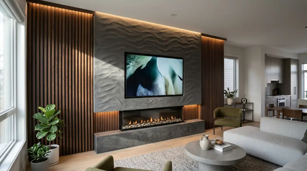 Contemporary Fireplace Wall with Textured Panels