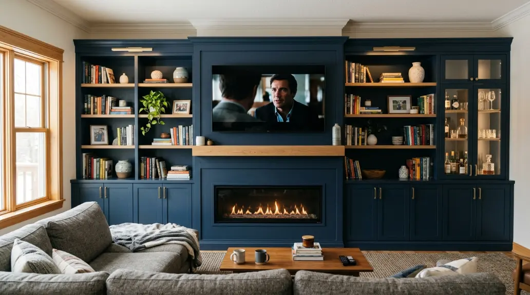 Fireplace Entertainment Wall with Integrated Shelving