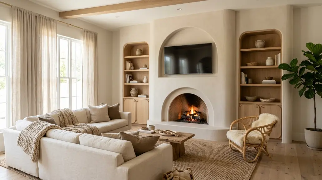 Modern Family Room Fireplace with Curved or Organic Elements