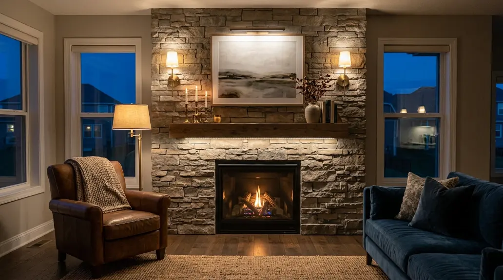 Aesthetic Living Room Fireplace with Layered Lighting