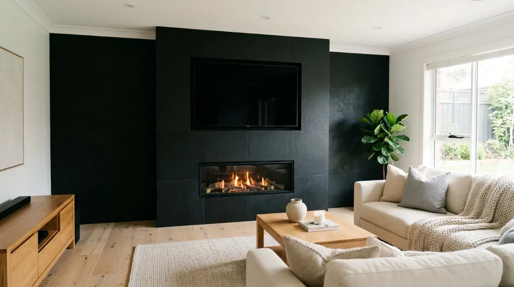 Black Fireplace Wall with Dramatic Contrast