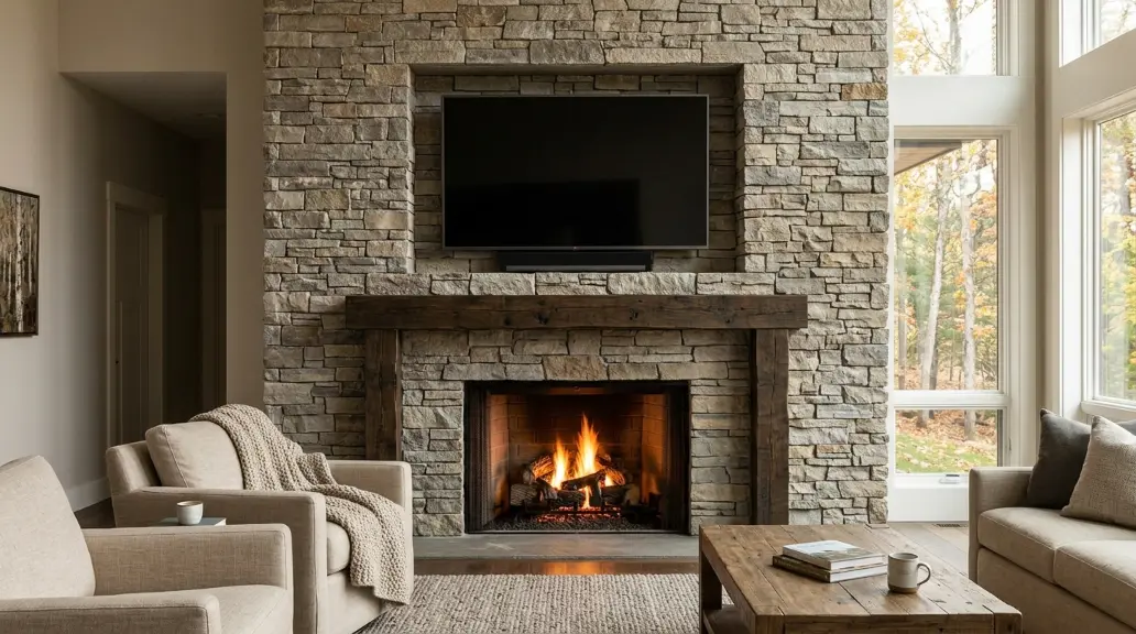 Stone Fireplace Wall with TV Alcove