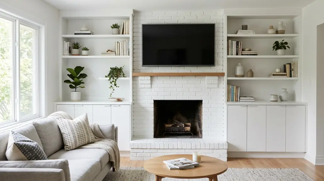 White Fireplace Living Room with Built-In Cabinetry