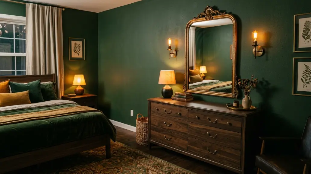 Deep Forest Green With Dark Wood Furniture