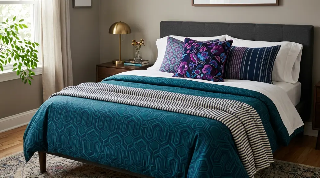 Jewel Toned Bedding With Mixed Patterns