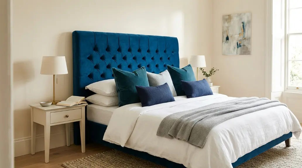 Navy Blue Bedroom With Bronze Details
