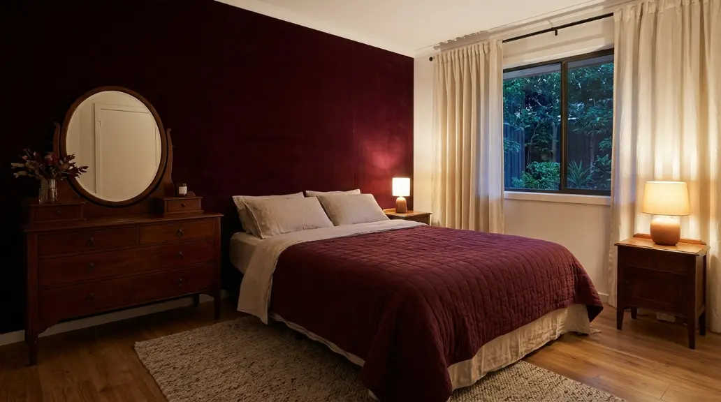 Burgundy Bedroom Decor With Warm Wood Tones
