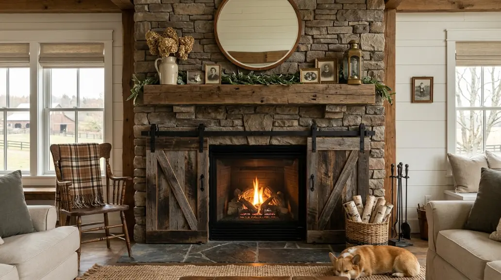 Contemporary Farmhouse Fireplace with Floating Mantel