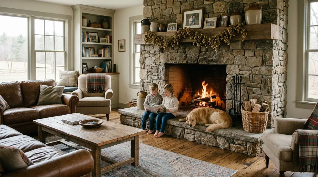 Farmhouse Family Room Fireplace with Open Hearth
