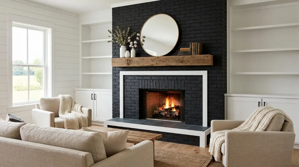 Black Farmhouse Fireplace with Contrast Trim