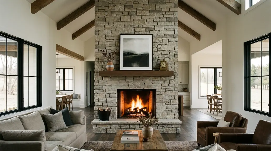 Floor-to-Ceiling Stone Farmhouse Fireplace